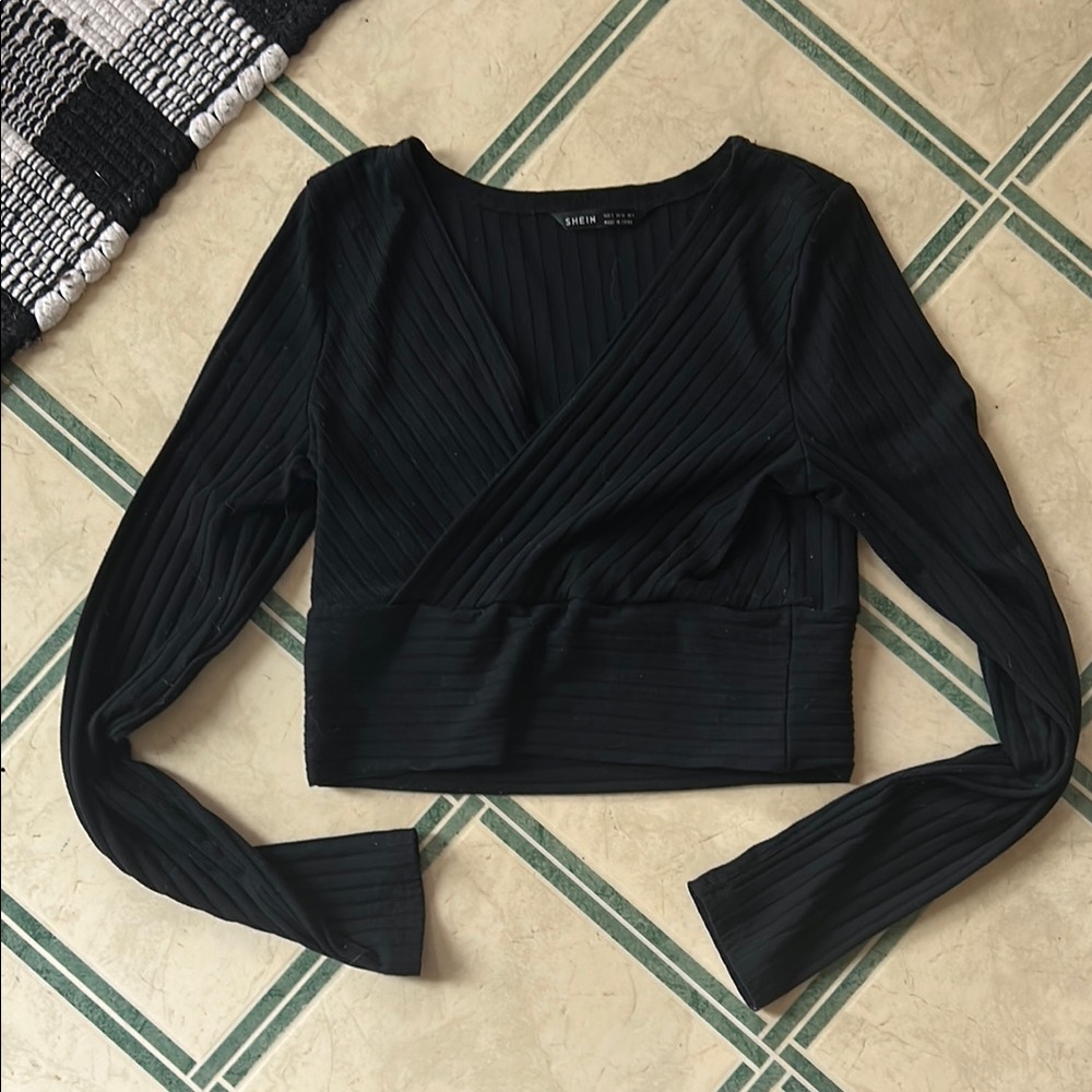 SHEIN Bundle Black and Gray  Ribbed faux wrap front long sleeved Crop Blouses